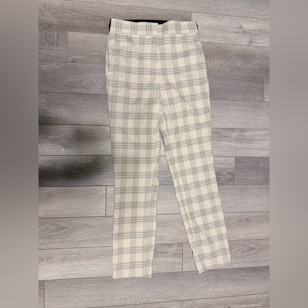 Zara Plaid Trousers Womens XS Cream Tan Check Slim Leg Elastic Waist Pants‎